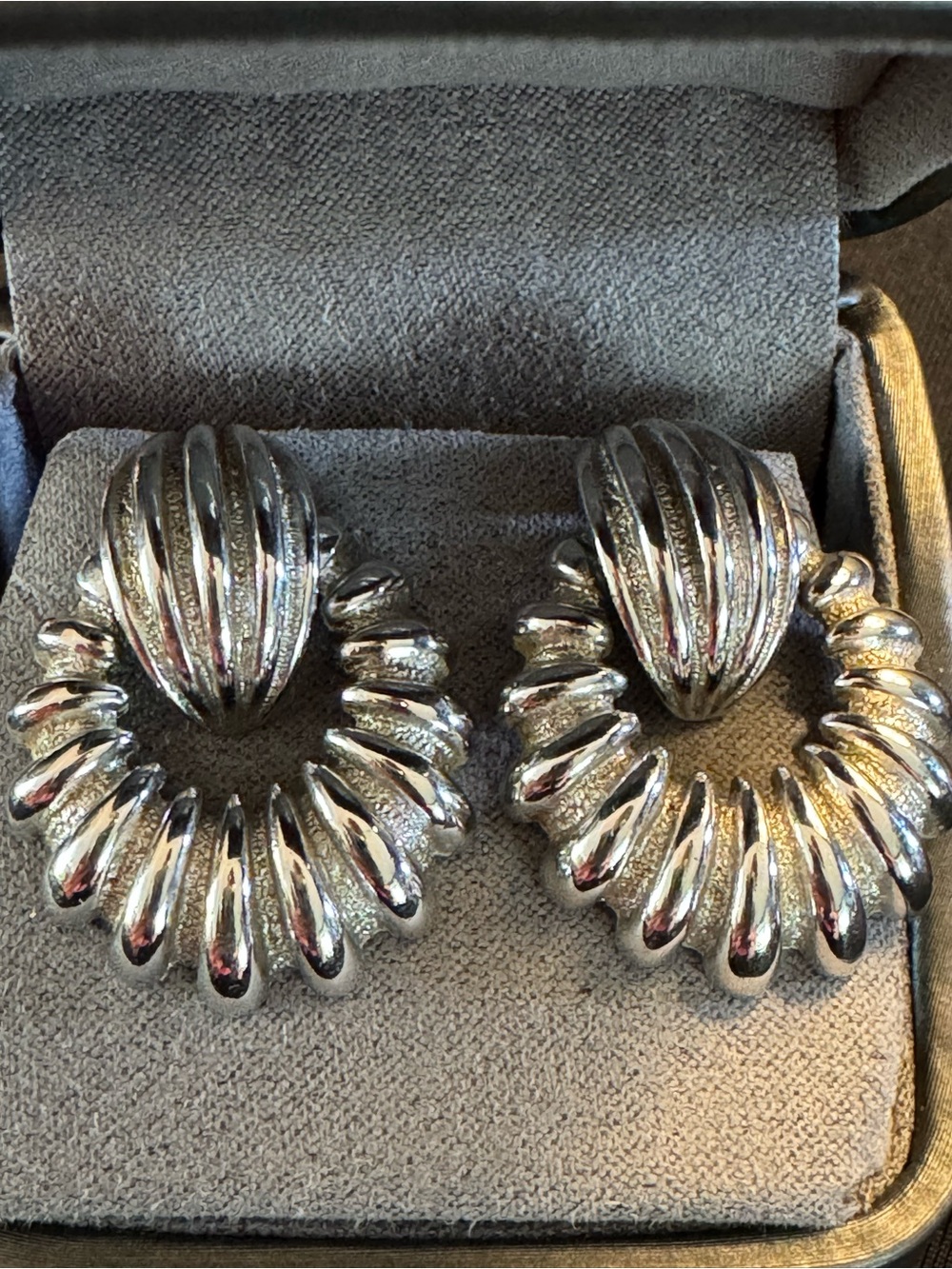 Vintage Monet Silver Tone Statement Drop Earrings - Textured Ribbed Design